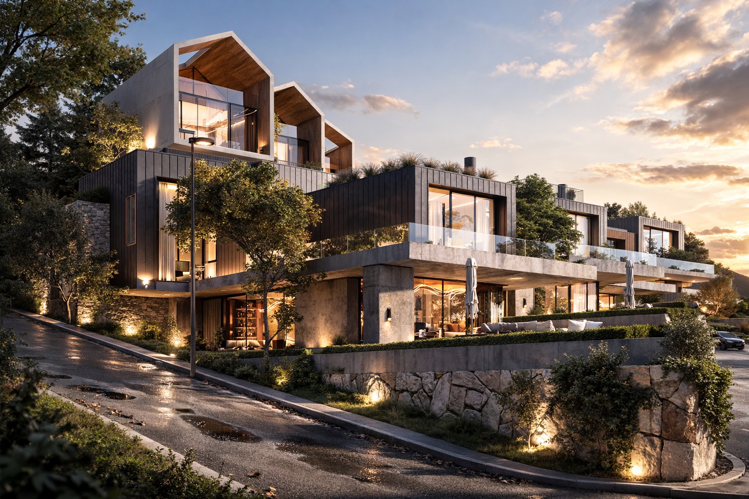 Terraced hillside residences with a pool at dusk in Faqra